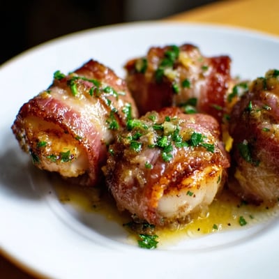 Oven-roasted beef bacon wrapped scallops drizzled with zesty lemon butter and fresh parsley garnish.