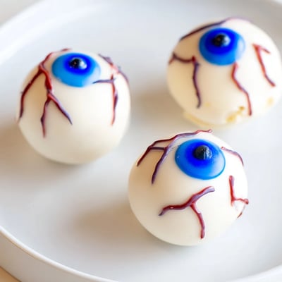 Creamy white-coated Halloween Cake Eyeballs topped with blue irises and dark pupils