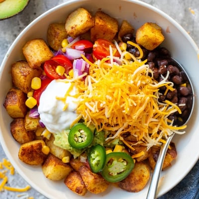 A colorful loaded fiesta potato bowl served with zesty black beans, diced tomatoes, and lime wedges.
