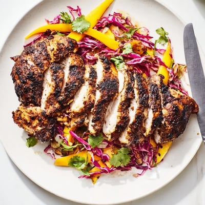 Smoky grilled jerk chicken thighs paired with crisp sweet mango slaw for summer.