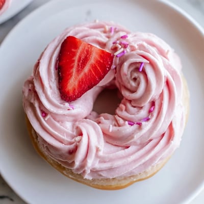 Fluffy baked strawberry buttercream frosted donuts piped high with glossy pink icing and sprinkles