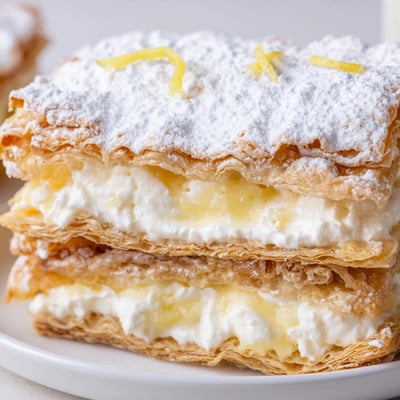 Tall slice of lemon ricotta puff pastry mille feuille showing creamy layered filling