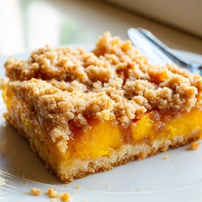 Warm sweet and buttery peach bars with cinnamon streusel topped with vanilla ice cream