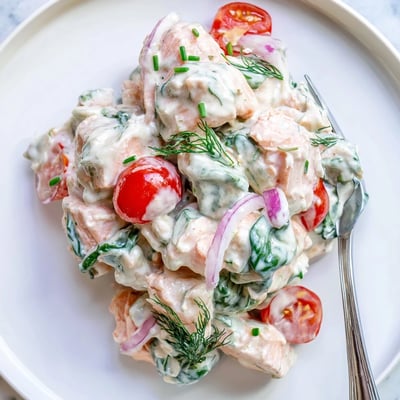 Healthy creamy leftover salmon recipe served steaming in a rustic skillet