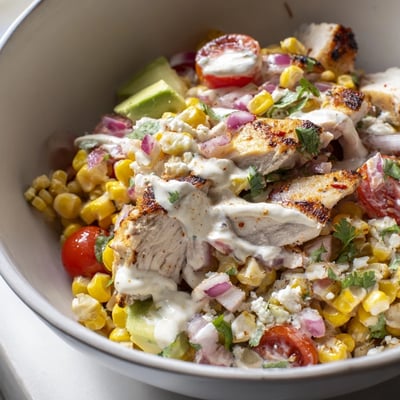 Charred corn kernels and sliced chicken in a vibrant High Protein Chicken Street Corn Salad bowl
